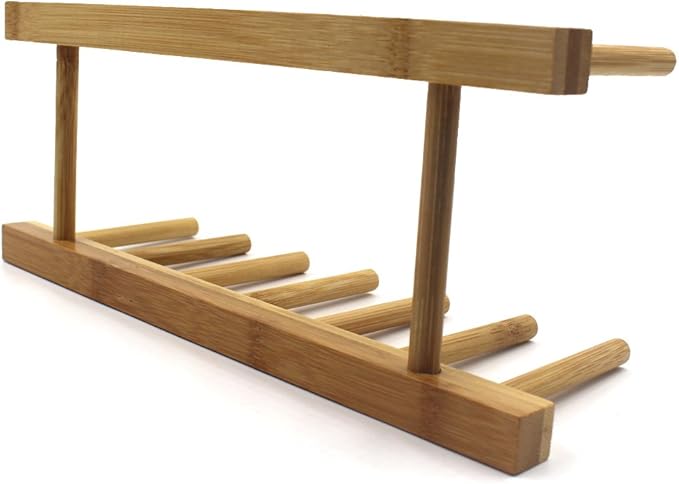 INNERNEED Bamboo Wooden Dish Rack, Vertical Plate & Lid Organizer for Kitchen Cabinet or Countertop, Drying Stand for Dishes, Cutting Boards