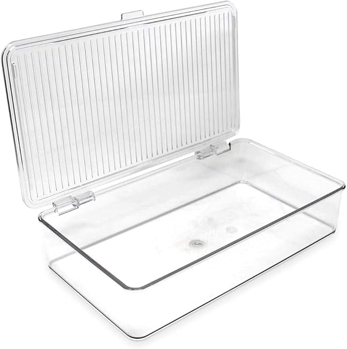 Isaac Jacobs Small Stackable Organizer Bin (10.75” x 6.5” x 2.4”) w Hinged Lid Clear Storage Box Home Office School Fridge Bathroom Kitchen Pantry Container BPAFree Food Safe (Small Clear) (Pack of 2)