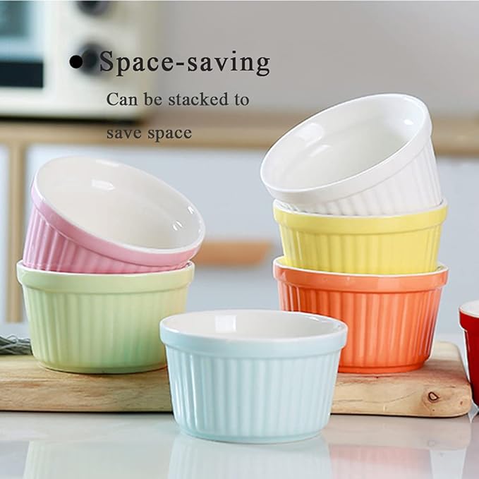 Ramekins 6oz Oven Safe,Creme Brulee Ramekin and Souffle Dishes,Porcelain Baking Bowls,Dipping Sauce Dish.Pudding Cups,Set of 6,Pink