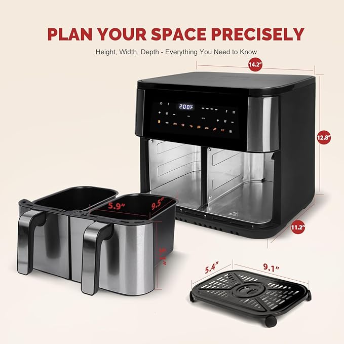 Upgraded Large 10QT Dual Air Fryer, Digital Touchscreen, Smart Sync Cook & Finish Function to Air Frying, Reheat, Bake, Double Baskets for Fresh Meals, Snack for Family and Children