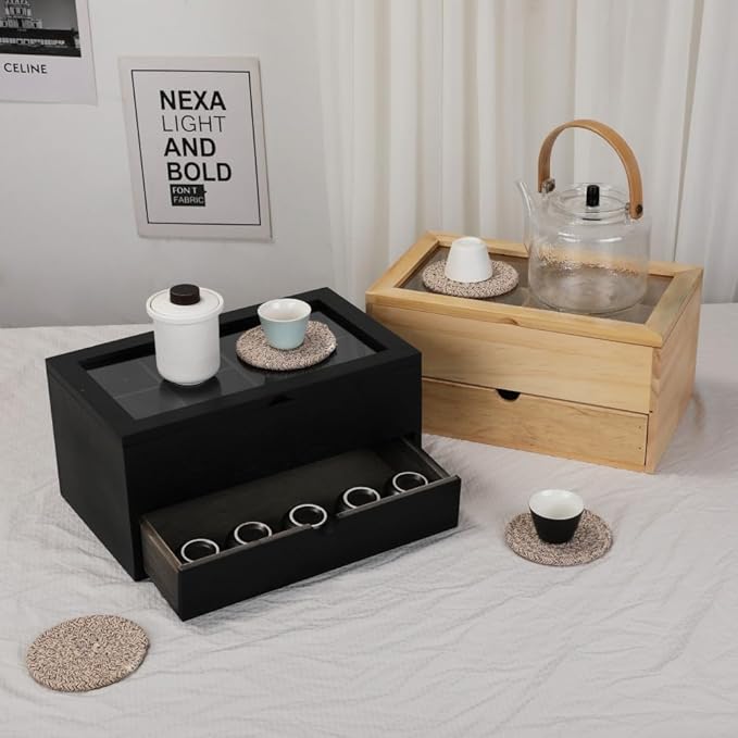 Tea Bag organizer Storage Box with Drawer Tea Organizers with Clear Acrylic Window Wooden Tea Box for Countertop with 8 Compartments Teabag Holder with 4 Cotton Woven Coasters(WBlack02)
