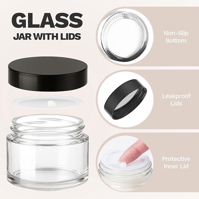 1 oz Small Glass Jars, Bumobum 48 pack Empty Round Clear Jars with Black Lids, White Labels & Inner Liners, Mini Cosmetic Containers for Cream, Lotion