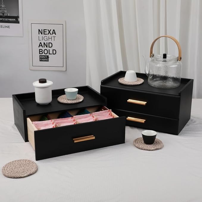 Tea Organizers and Storage Box with Drawer Tea Station organizer for Countertop with 8 Compartments Pine Wood Tea Bag Organizer with Drawer Teabag Holder with 4 Cotton Woven Coasters(Black02)