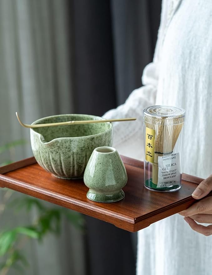 TANG PIN Matcha Set - Match Bowl and Whisk, 15 OZ, Matcha Scoop | Matcha Whisk Stand (Chasen Holder) - 5pc Perfect Matcha Kit for Matcha Tea Ceremony (Mottled Green)