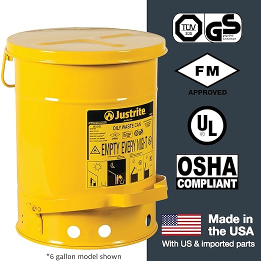 Justrite 21 Gallon Galvanized Steel Oily Waste Can, 23.5" x 18" Metal Oil Rag Safety Can with Foot Operated Self-Closing Lid for Oil Rag Disposal, Made in The USA, Yellow, 09701