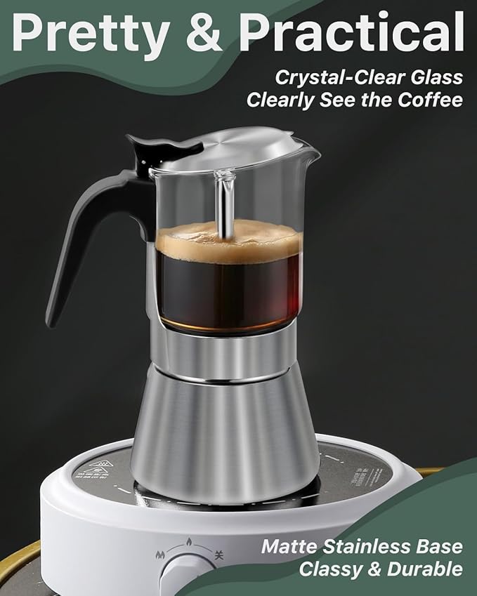 Grasseed Crystal Glass-Top Moka Pot, Polished Stainless Steel Stovetop Espresso Maker for Italian Coffee, Gift for Coffee Lovers - 4 Cup/160ml/5.6oz