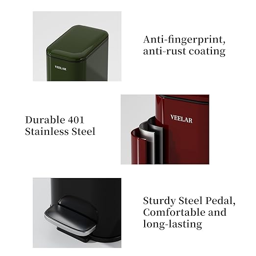 Slim Bathroom Trash Can with Lid, 1.6 Gallon / 6 Liter Stainless Steel Trash Bin, Step Pedal Garbage Cans for Bedroom, Kitchen, Office (Green)