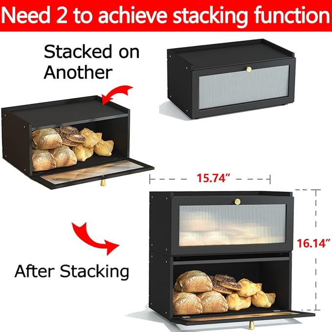 ETMI Black Bread Box for Kitchen Countertop - Modern bamboo Bread box with Window Bread Storage Container