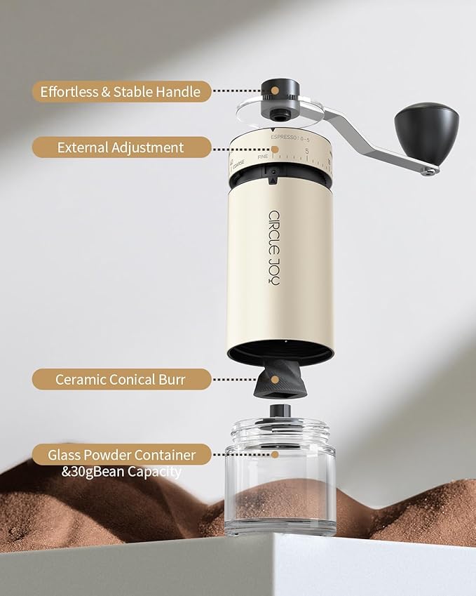 CIRCLE JOY Mini Manual Coffee Grinder with 40 External Adjustable Settings and Ceramic Conical Burr, Portable Stainless Steel Hand Coffee Grinder for Home and Travel