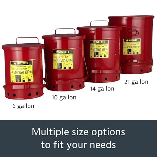 Justrite 14 Gallon Galvanized Steel Oily Waste Can, 20" x 16" Metal Oil Rag Safety Can with Quiet Foot Operated Self-Closing Lid for Oil Rag Disposal, Made in The USA, Red, 09508