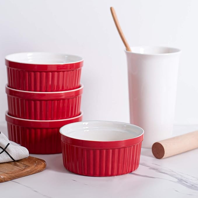 DELLING 12 oz Ramekins Set of 6 - Porcelain Creme Brulee Oven Safe Souffle Dishes, Ceramic Custard Cups for Baking, French Onion Soup Bowls - Red Ramekin Dessert Bowls, Dishwasher Microwave Safe