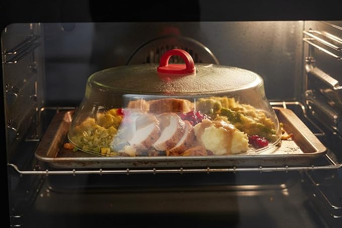 10 Inch Microwave Tempered Borosilicate Glass Plate Cover with Red Easy-Grip Silicone Handle - Unvented to Steam Food -Microwaveable/Oven/Stove Safe - Red Silicone Handle for Safe Easy Grip