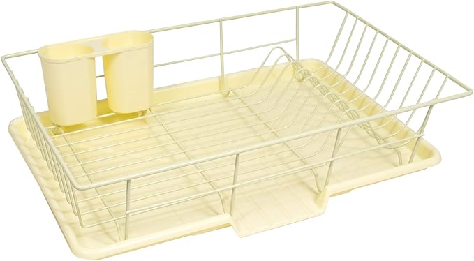 Sweet Home Collection 3 Piece Dish Drainer Rack Set with Drying Board and Utensil Holder, 12" x 19" x 5", Yellow