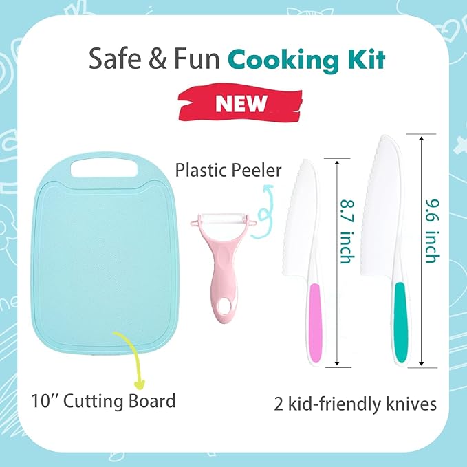 4 Pieces Kids Knife Set for Real Cooking, Toddler Knife Set with Ceramic Peeler for Kitchen, Kids Cutting Board and Safe Plastic Knives for Cutting Cakes, Fruit, Veggies & Bread