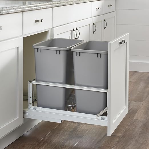 Rev-A-Shelf Polymer Replacement 35 Quart Trash Bin Recycle Waste Garbage Container for Kitchen Cabinet Pullouts, Silver, 2 Pack, RV-35-17-2