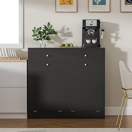 Housoul Double Tilt Out Trash Can Cabinet, Trash Storage Cabinet with 2 Drawers, Hidden Garbage Bin, Free Standing Laundry Sorter Organizer for Kitchen Dining Living Room, Bathroom, Black