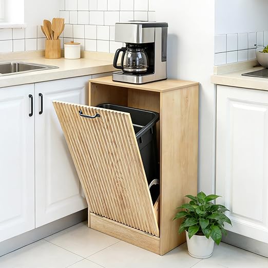 Moderock 13 Gallon Wooden Tilt Out Trash Cabinet Hidden Trash Can, Fluted Hidden Trash Can Cabinet, Farmhouse Wood Laundry Basket Cabinets for Bathroom, Kitchen, Natural Oak