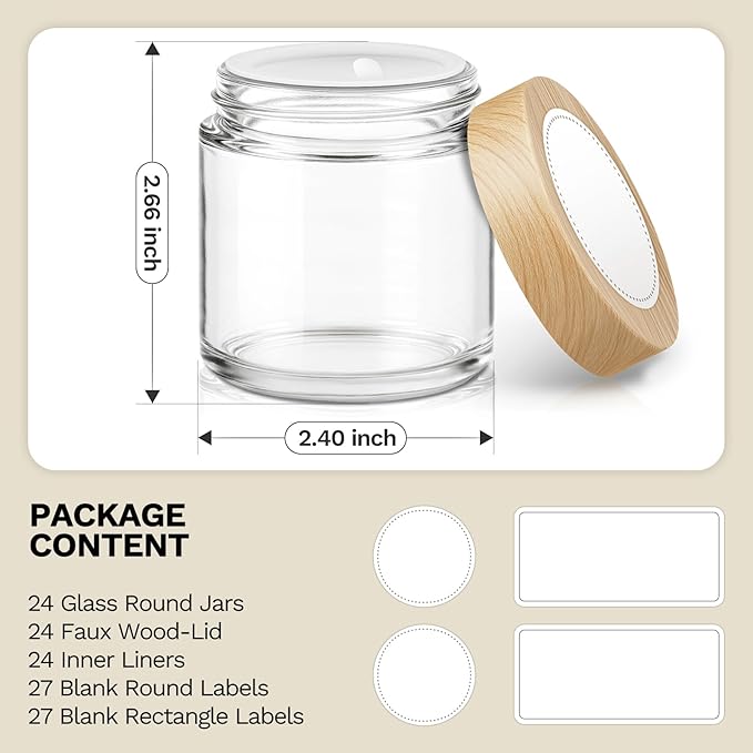 24Pcs 4 oz Small Glass Jars with Lids, Bumobum Clear Cosmetic Jars with Plastic Woodgrain Lids, 120ml Refillable Empty Containers for Cream, Salve, Powders and Lotion Storage