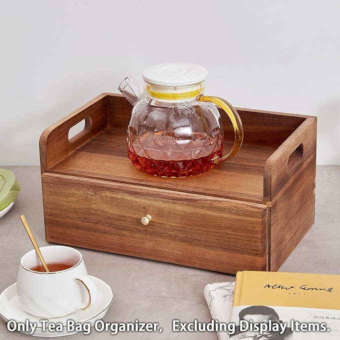 SARUFO Acacia Wood Tea Bag Organizer with Drawer - Tea Station Chest and Storage Box, Coffee and Teabag Holder with 8 Compartments, Containers and Boxes for Countertop Display