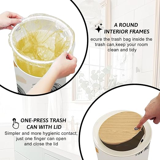 Trash Can with Lid Aesthetic Contemporary seamless pattern abstract Minimal elegant line Press Top Round Small Garbage Bin with Wooden Legs Waste Basket for Kitchen Bedroom Nursery 7L/1.8 Gallon