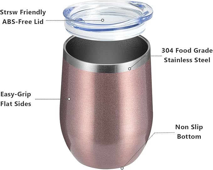 MEWAY 12oz/8 Pack Wine Tumbler Glasses with Lid - Stemless Double Wall Vacuum Stainless Steel Travel Tumbler - Keeping Cold & Hot for Wine,Coffee,Cocktails,Drinks (Rose gold,Set of 8)