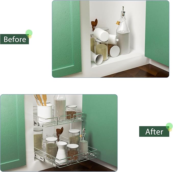 LOVMOR 2 Tier Individual Pull Out Cabinet Organizer 11½" W x 21½" D, Slide Out Kitchen Cabinet Storage Sliding Shelves