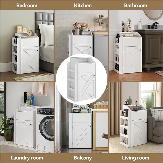Trash Bin Cabinet, 10-Gallon Freestanding Waste Bin with Flip Door and Storage Rack, Indoor Wooden Hidden Garbage Cabinet, for Kitchen, Dinning, White