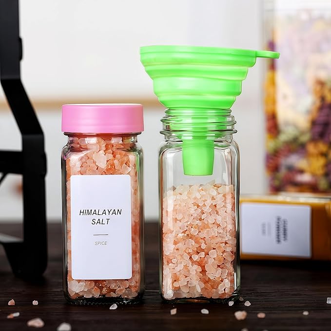 48 Glass storage jars,Glass Spice Jars with Label-4oz Spice Containers with Lids and Shaker Lids,3 Sets of Spice Labels 1 Collapsible Funnel 2 Erasable Markers for Spice Rack, (48)