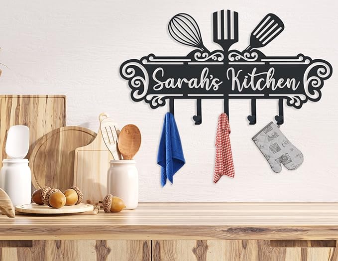 Personalized Kitchen Wall Decor,Custom Kitchen Hooks for Utensils, Personalized Kitchen Utensil Rack, Custom Metal Kitchen Hooks for Mothers Day Gifts, Grandmother's gift.