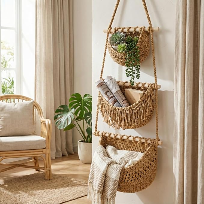 Lawei 3 Tier Hanging Fruit Basket, Wall Hanging Vegetable Fruit Baskets Cotton Woven Storage Baskets for Organizing, BOHO Wall Basket Decor, Over the Door Organizer for Kitchen, Bedroom, Bathroom