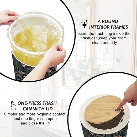 Trash Can with Lid Foxes Rabbits Forest Mushrooms Birds Press Top Round Small Garbage Bin with Wooden Legs Waste Basket for Kitchen Bedroom Nursery 7L/1.8 Gallon
