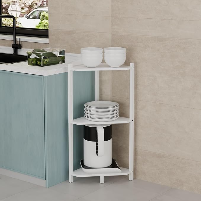 Wisuce Corner Shelf, 100% Real Bamboo Shower Corner Shelves Free Standing Shelf Storage Organizer for Bathroom Living Room Kitchen (White, 3 Tier)