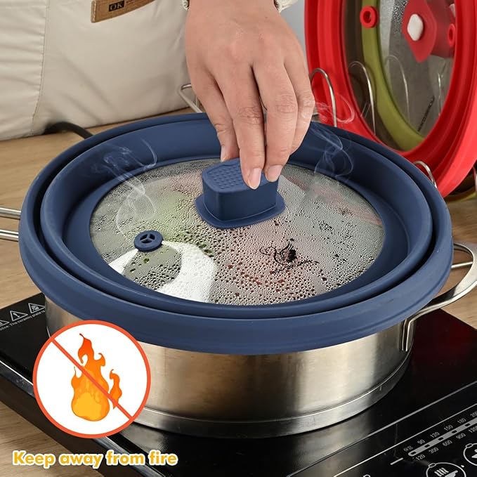 2 Pack Microwave Splatter Cover Glass Guard Lid with Collapsible Silicone for Food Pot Plate 8.5 inch and 9.8 inch Dark Blue, Tall Lid and Standard Size Lid