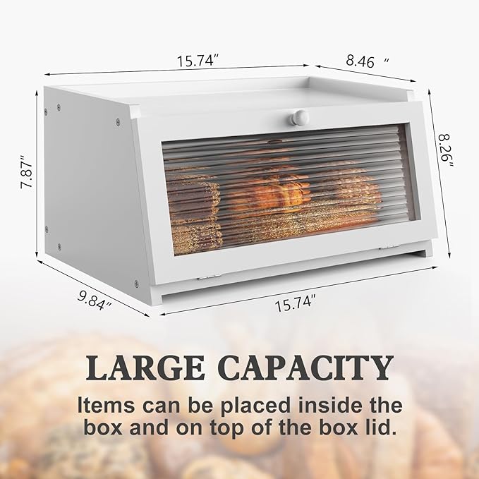 LOHASOK Bread Box for Kitchen Countertop Large Farmhouse Bread Container Bread Storage with Window Wooden Bread Holder White