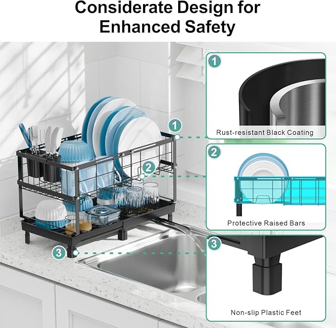 GSlife Large Dish Drying Rack - 2 Tier Dish Rack for Kitchen Counter, Expandable Capacity Dish Drainer Rack with Removable Cutlery Holder, 15.7''-20.7''L x 9.8" D x 13.4" H, Black