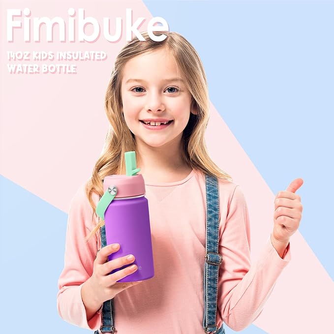 Fimibuke Kids Insulated Water Bottle - 14oz BPA-FREE 18/8 Stainless Steel Travel Tumbler Leak Proof Double Wall Vacuum Kids Cup with Straw Metal Water Bottle for School Boys Girls(2 Pack, Macaron)