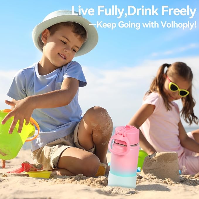 Volhoply 14oz KIds Water Bottle with Straw Lid and Silicone Boot Bulk 6 Pack,Stainless Steel Insulated Cups for Boys & Girls Multipack,Double Wall Vacuum Leakproof Bottles(Lavender Blue,6)