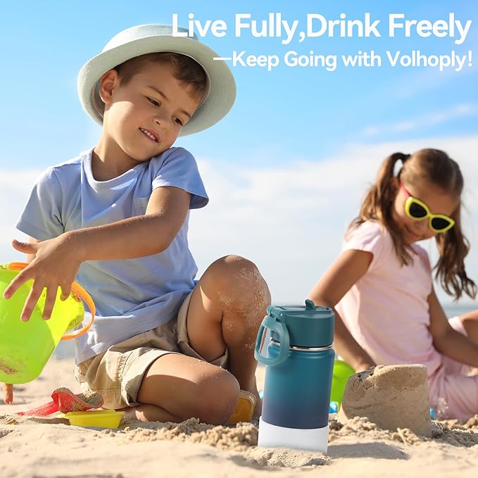 Volhoply 14oz KIds Stainless Steel Insulated Leakproof Bottles Water Bottle with Straw Lid and Silicone Boot,BPA-Free Easy Use for Boys&Girls,Double Wall Vacuum Bottles(Dark Night,1)