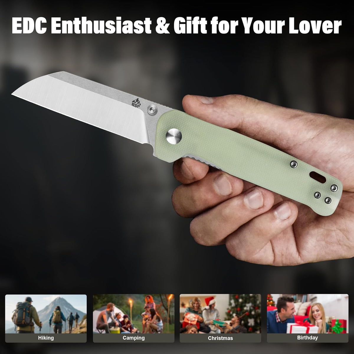 QSP Penguin V2 Folding Pocket Knife, 3.06" D2 Two Tone Finish Stonewash Satin Blade EDC Knife, Jade G10 Handle, Liner Lock, Ceramic Ball Bearings, Reversible SS Deep Carry Clip