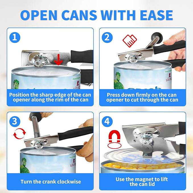 Manual Can Opener,Commercial Can openner,Can Opener Heavy Duty with Ergonomic Soft Grip Handles and Magnetic Lid Lifter for Large Cans, Seniors ,Stainless Steel, Black