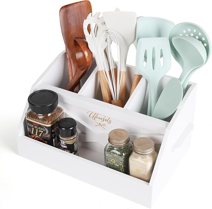 Innovation Kitchen Utensil Holder for Countertop with 4 Compartments, Wood Utensil Organizer for Cooking Tools, White (Utensil Not Included)