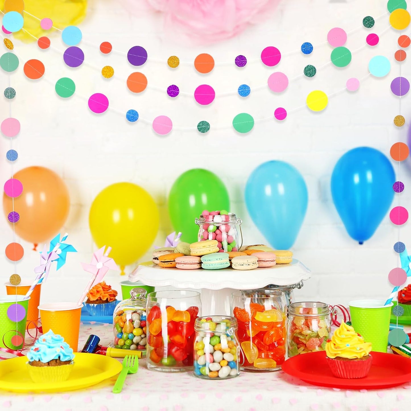 Outus 20 Pieces Colorful Dots Paper Garland Round Glitter Garland Hanging Confetti Streamers Backdrop Decoration for Birthday Classroom Candy Sprinkles Trunk or Treat Party (Rainbow)