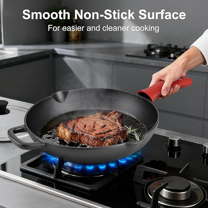 8 Inch Cast Iron Skillet with Tempered Glass Lid, Pre-Seasoned, Even Heat Distribution, Silicone Handle Cover & Pan Scraper, Ideal for Breakfast & Everyday Cooking