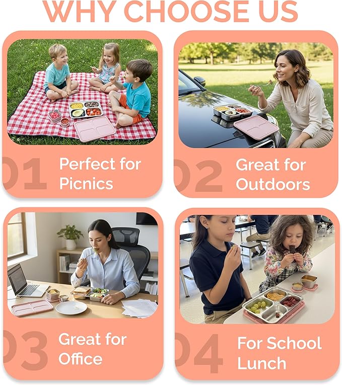 Stainless Steel Lunch Box for Kids 5 and Older – 3 Pieces Stainless Steel Bento Box with 4 Compartments & 2 Snack Containers – Leak Proof, BPA-Free, Eco-Friendly, Dishwasher Safe & Durable – Pink