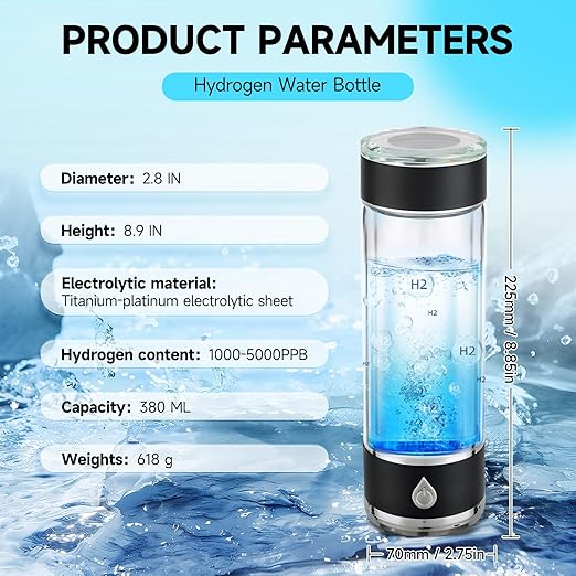 Hydrohealth Hydroh Hydrogen Water Bottle Generator, Portable and Rechargeable Hydro Health Hydrogen Water Bottle Glass with SPE Pem Technology,3 Min 4100 PPB Pure Hydrogen Rich Concentration