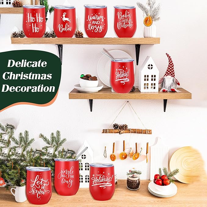Uiifan 10 Pack Christmas Tumblers Gifts 12 Oz Xmas Funny Tumbler Christmas Stainless Steel Coffee Mugs Set Xmas Insulated Travel Cup with Straw Lid for Family Xmased Holiday Gift (Red)