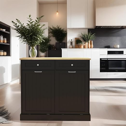 RASOO Double Tilt Out Trash Can Cabinet Freestanding Laundry Hamper Wooden Tabletop with 2 Drawers Kitchen Garbage Can for 10 Gallon, Black