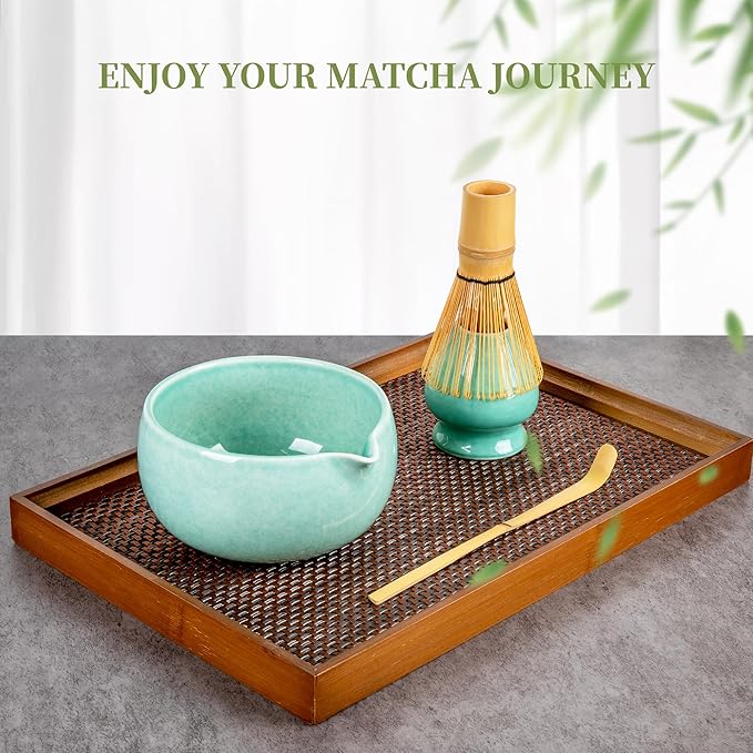 YIBO Matcha Whisk Set, Matcha Kit Bamboo Whisk and Ceramic Bowl with Spout & Measuring Spoon & Cup, Japanese Ceremony Matcha Tea Making Tools Blue