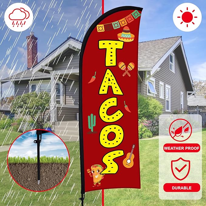 Buryeah Feather Banner Feather Flag Taco Sign Business Signs for Outside Open Flags for Businesses with Pole Ground Stake Portable for Mexican Restaurants, Diners, Markets (Red)