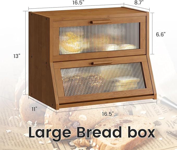 GHWIE Double Layer Bamboo Bread Box for Kitchen Counter,Large Capacity Bread Storage Bin,Bread Container with Acrylic Wavy Door Panel (Brown, Medium)